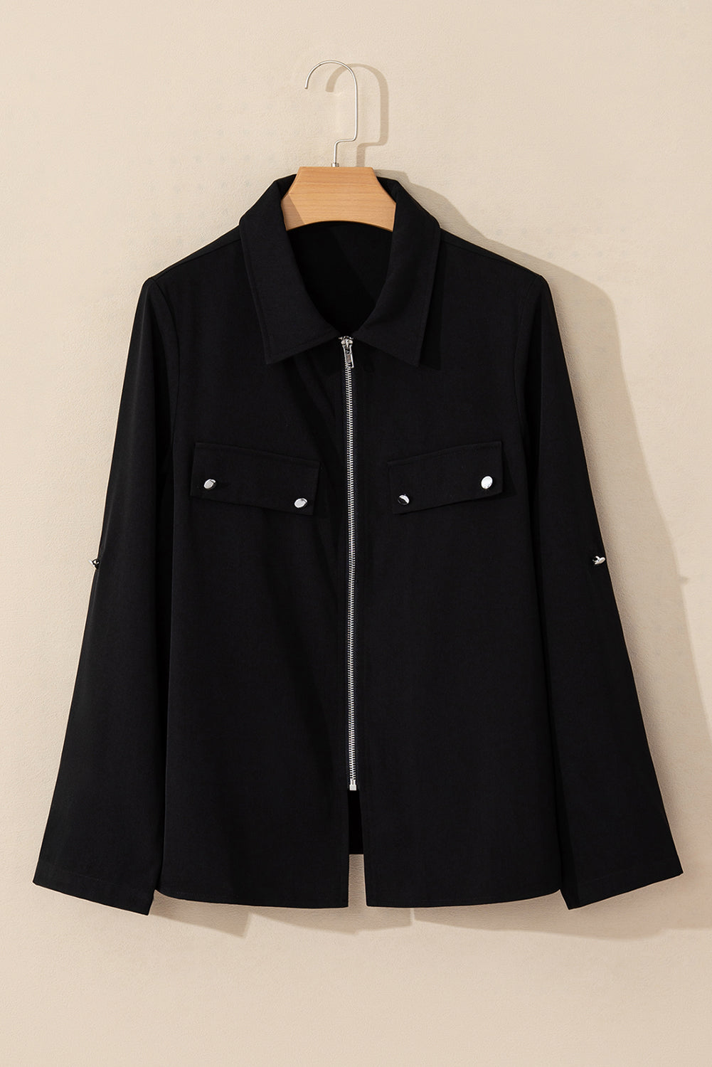 Dusk Blue Collar Tab Sleeve Zip Up Flap Detail Jacket