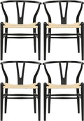 Wishbone Chair Natural Solid Wood Dining Chair/Hans Vegner Y Chair Rattan and Wood Accent Armrest Chairs (Ash Wood - Black + Natural Cord)