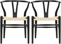 Wishbone Chair Natural Solid Wood Dining Chair/Hans Wegner Y Chair Rattan and Wood Accent Armrest Chairs Set of 2 (Ash Wood - Black + Natural Cord)
