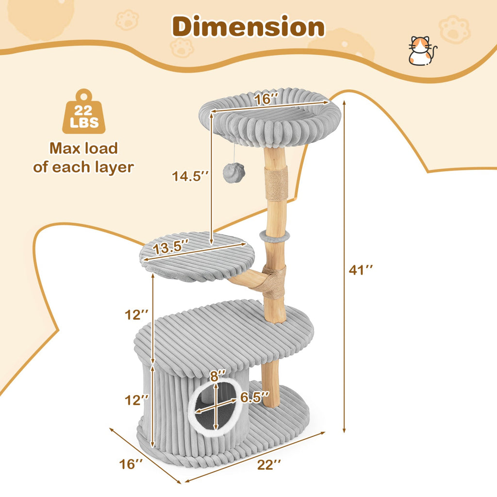 41-Inch Cat Tower with Real Wood Branches & Scratching Posts