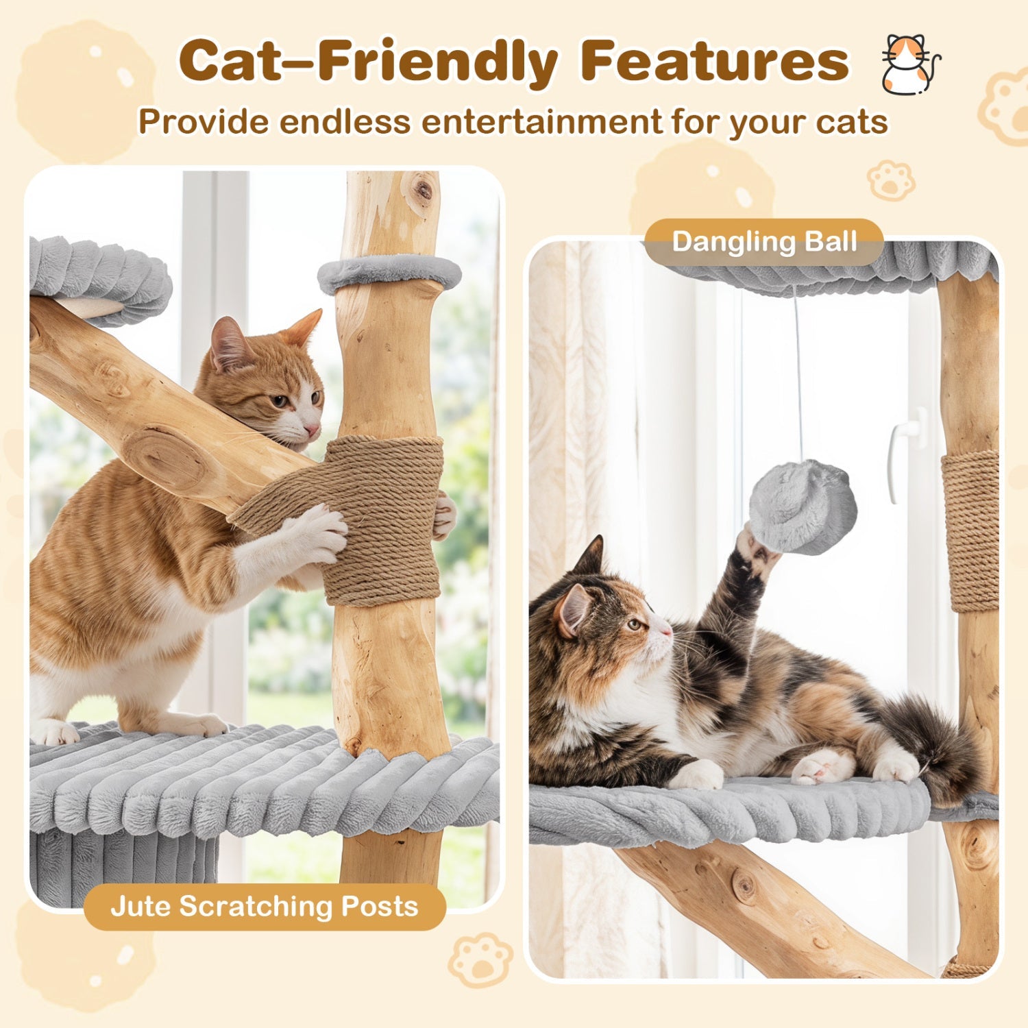 41-Inch Cat Tower with Real Wood Branches & Scratching Posts