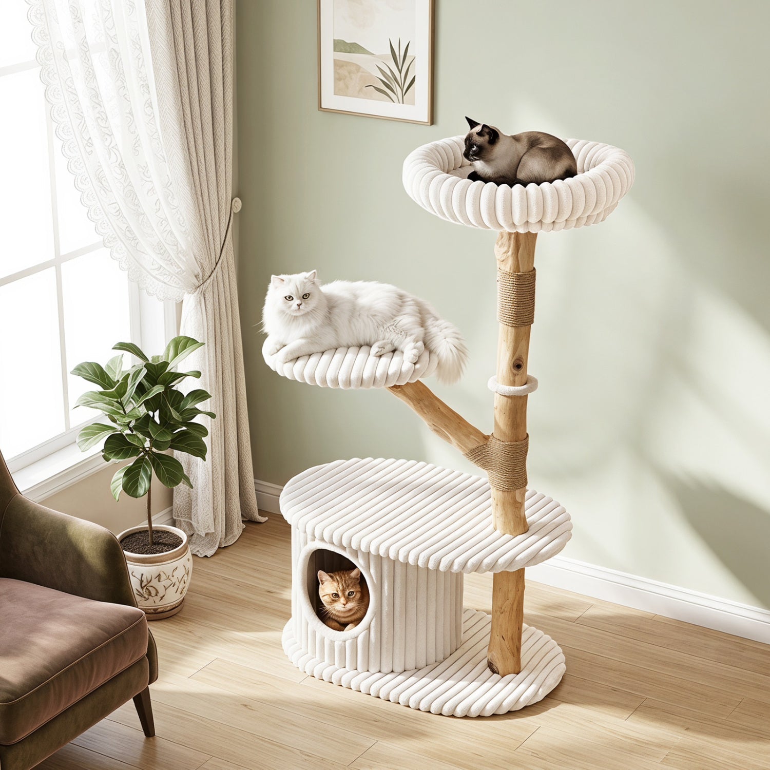 41-Inch Cat Tower with Real Wood Branches & Scratching Posts