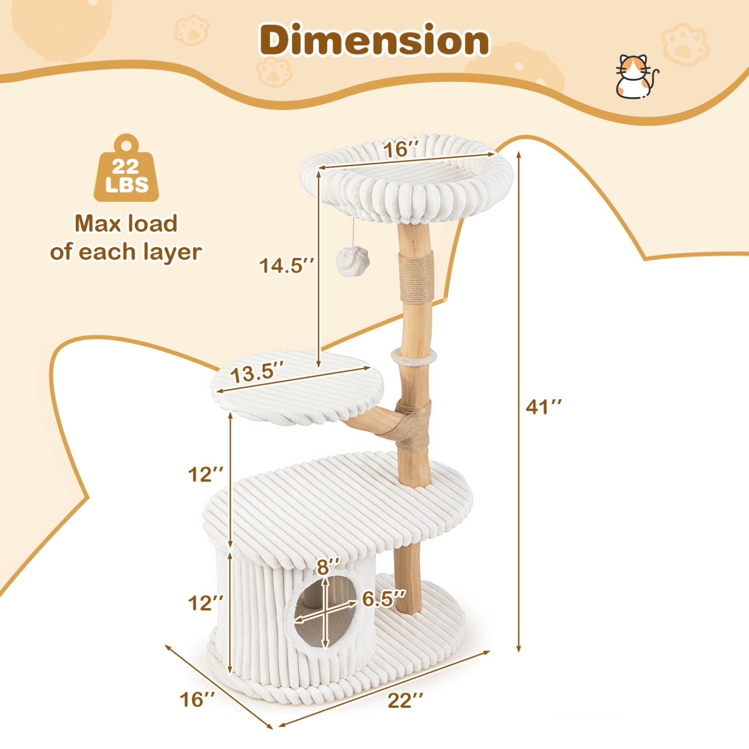 41-Inch Cat Tower with Real Wood Branches & Scratching Posts