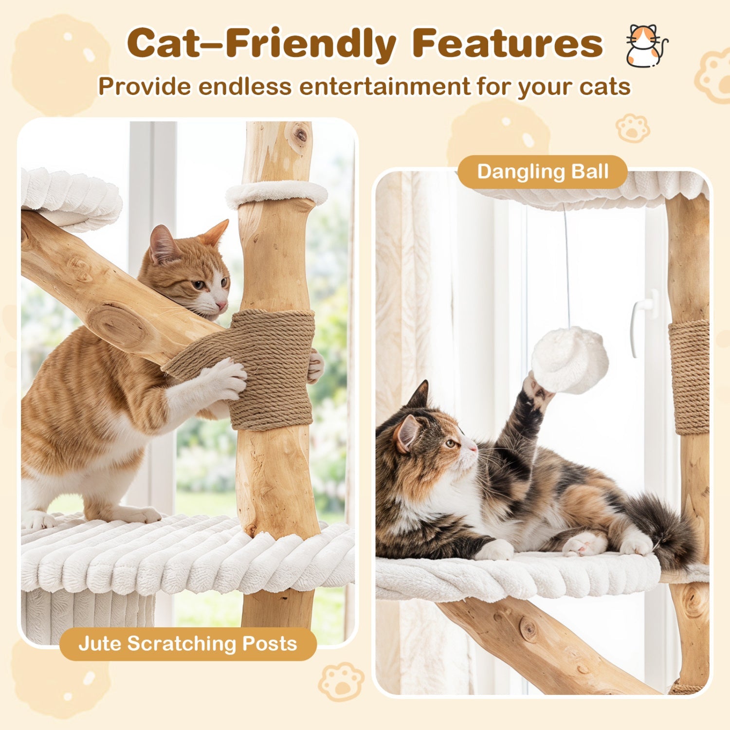 41-Inch Cat Tower with Real Wood Branches & Scratching Posts