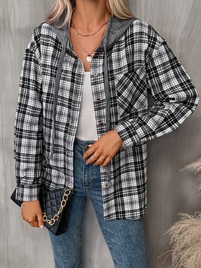 Plaid Buttoned Long Sleeve Hooded Jacket for Women – Cozy & Stylish Cotton-Blend Outerwear