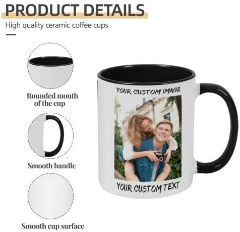 Personalized Coffee Cup with Photo, Logo or Text - Custom Both Sides Printed Mug for Him & Her - Unique Customized Gifts with Names - White/Yellow