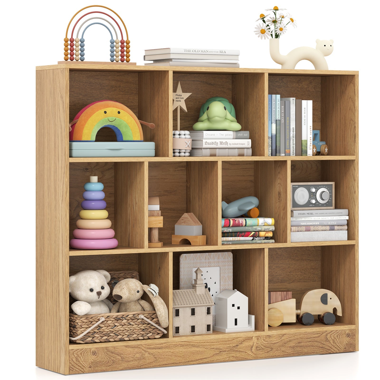 41 inches Wooden Toy Storage Organizer with 10 Cubes for Kids-Natural