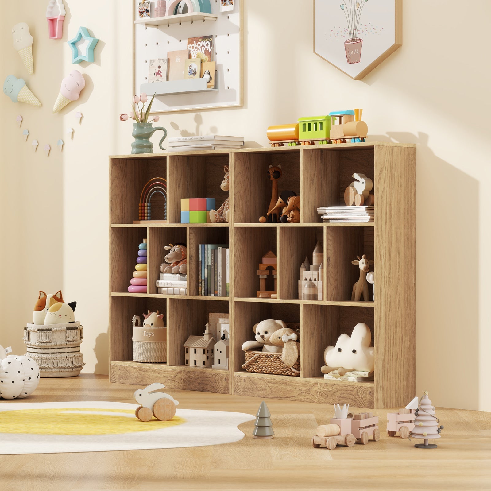 7-Section Freestanding Bookshelf for Kids Room Classroom Daycare Nursery-Natural