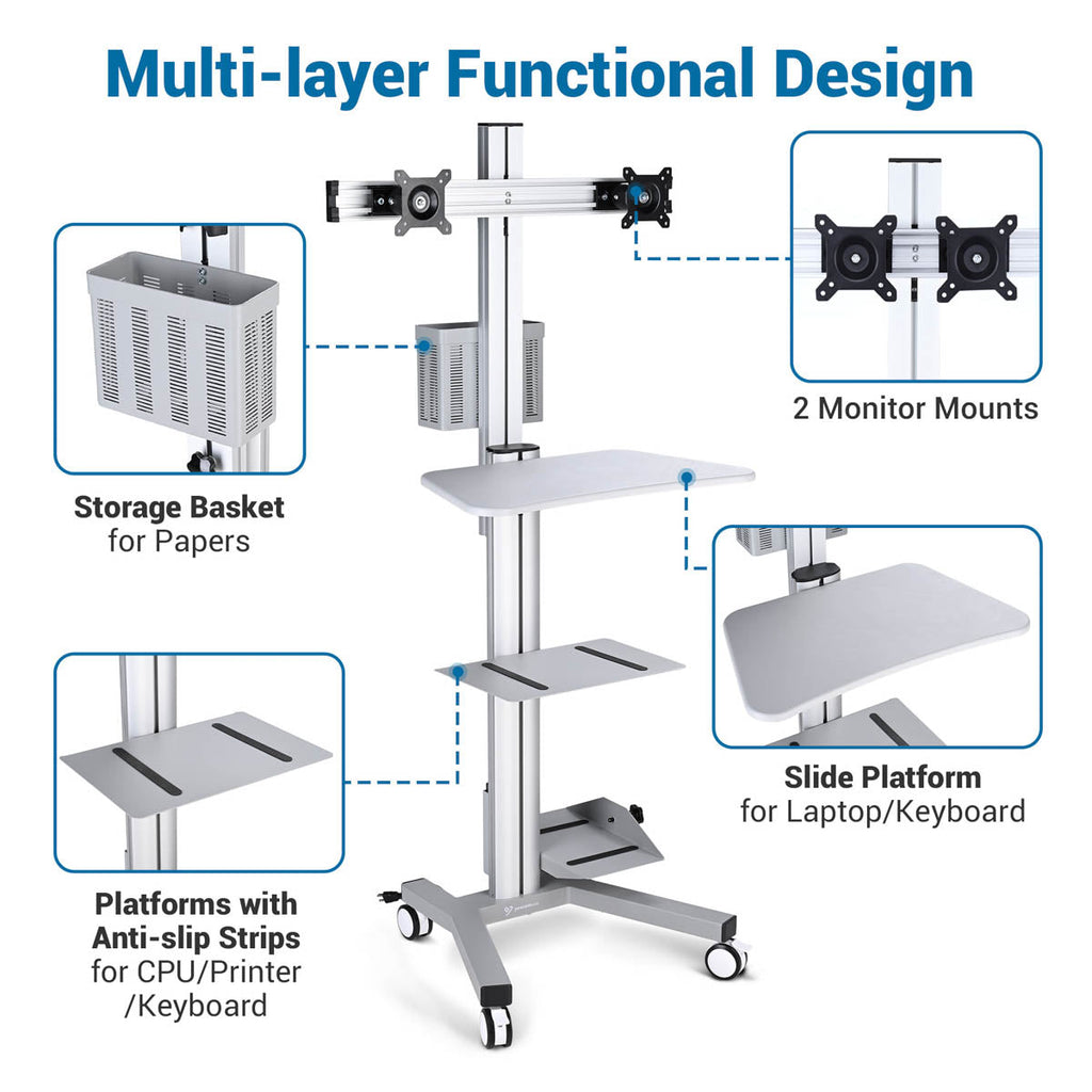 Yescom PC Computer Cart Workstation with Power Strip 2-Monitor