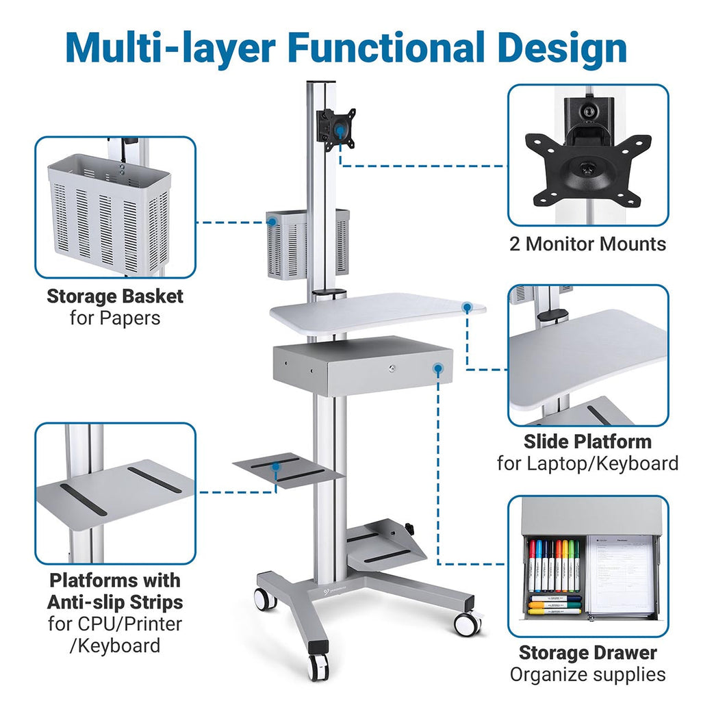 Yescom NexusX Rolling Computer Cart with Locking Metal Drawer