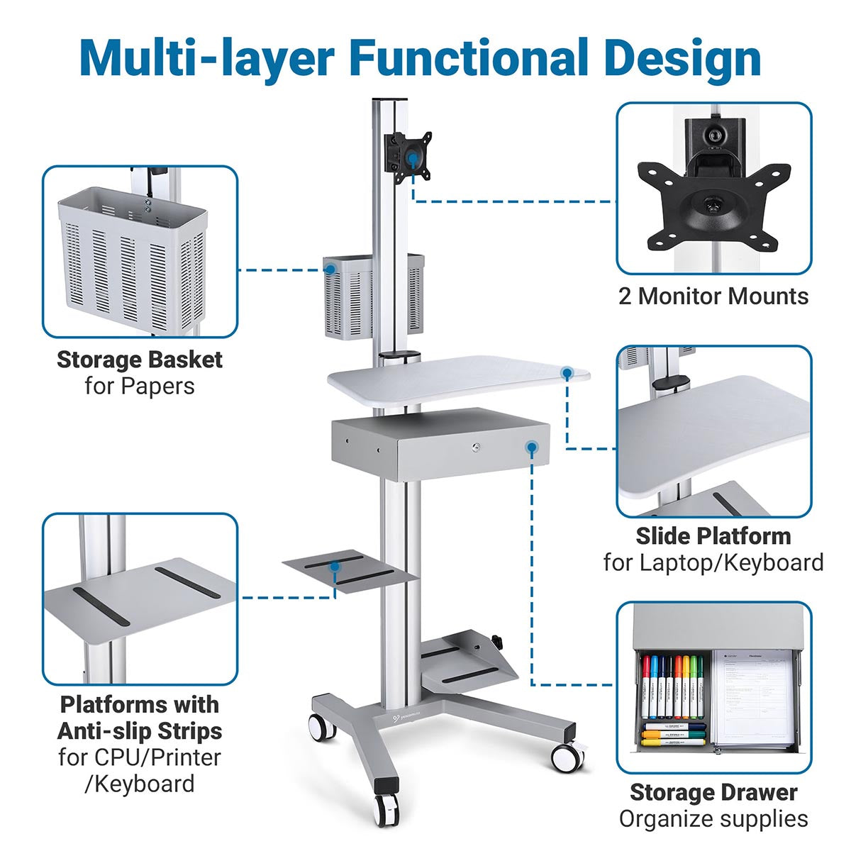 Yescom NexusX Rolling Computer Cart with Locking Metal Drawer