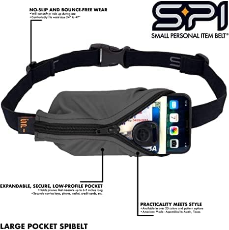 SPIbelt Running Belt for Women Men, Phone Holder for Running, Running Fanny Pack, Holder for Phone, Running Waist Pack, Adjustable Waist, [Fits All Phones]. Black White Polka Dot/Black Zipper