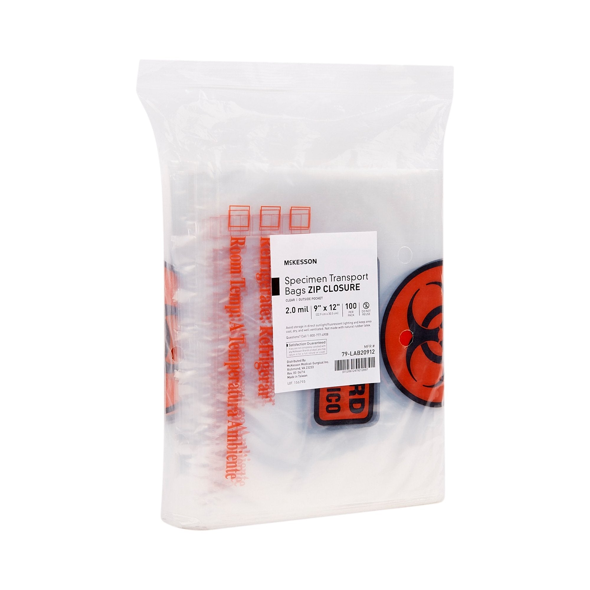 McKesson Specimen Transport Bag with Document Pouch, Zip Closure, 9 x 12 Inch 79-LAB20912