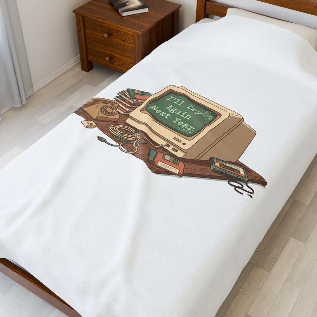 “I’ll Try Again Next Year” Retro Computer Blanket | Resolution Skepticism, January Burnout