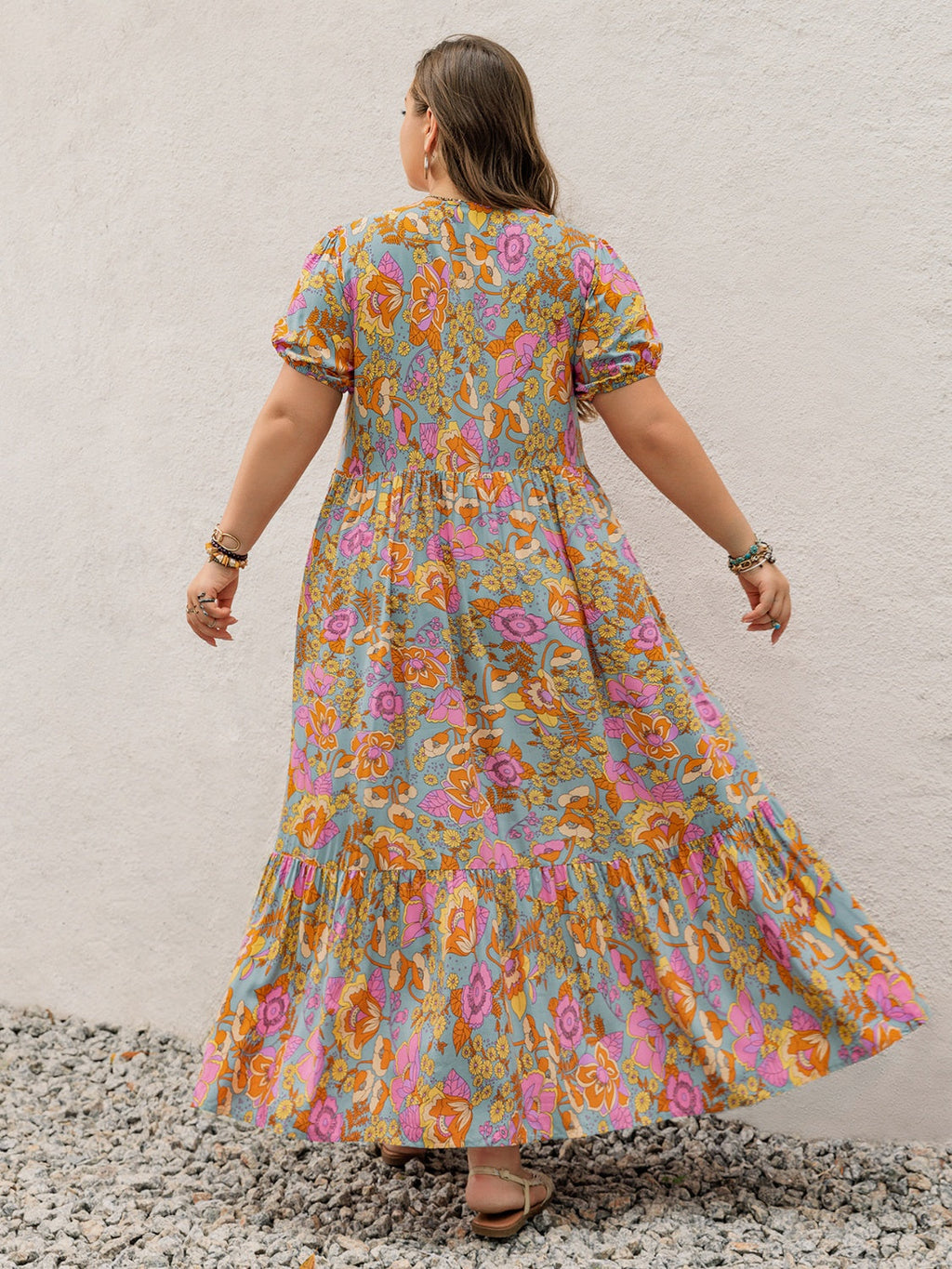 Plus Size Printed V-Neck Short Sleeve Maxi Dress Elegant & Flowy Summer Dress For Girls