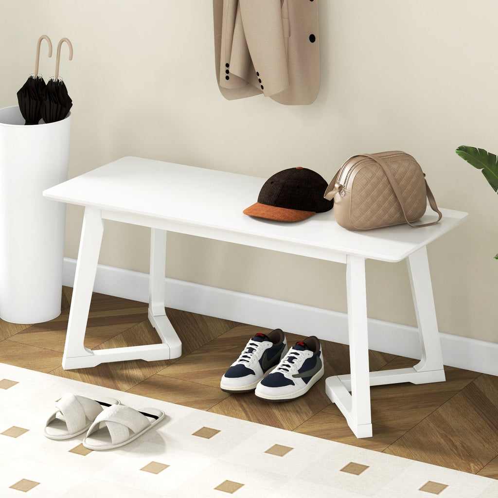 42 Inch Modern Entryway Bench Long Dining Bench with Rubber Wood Legs-White