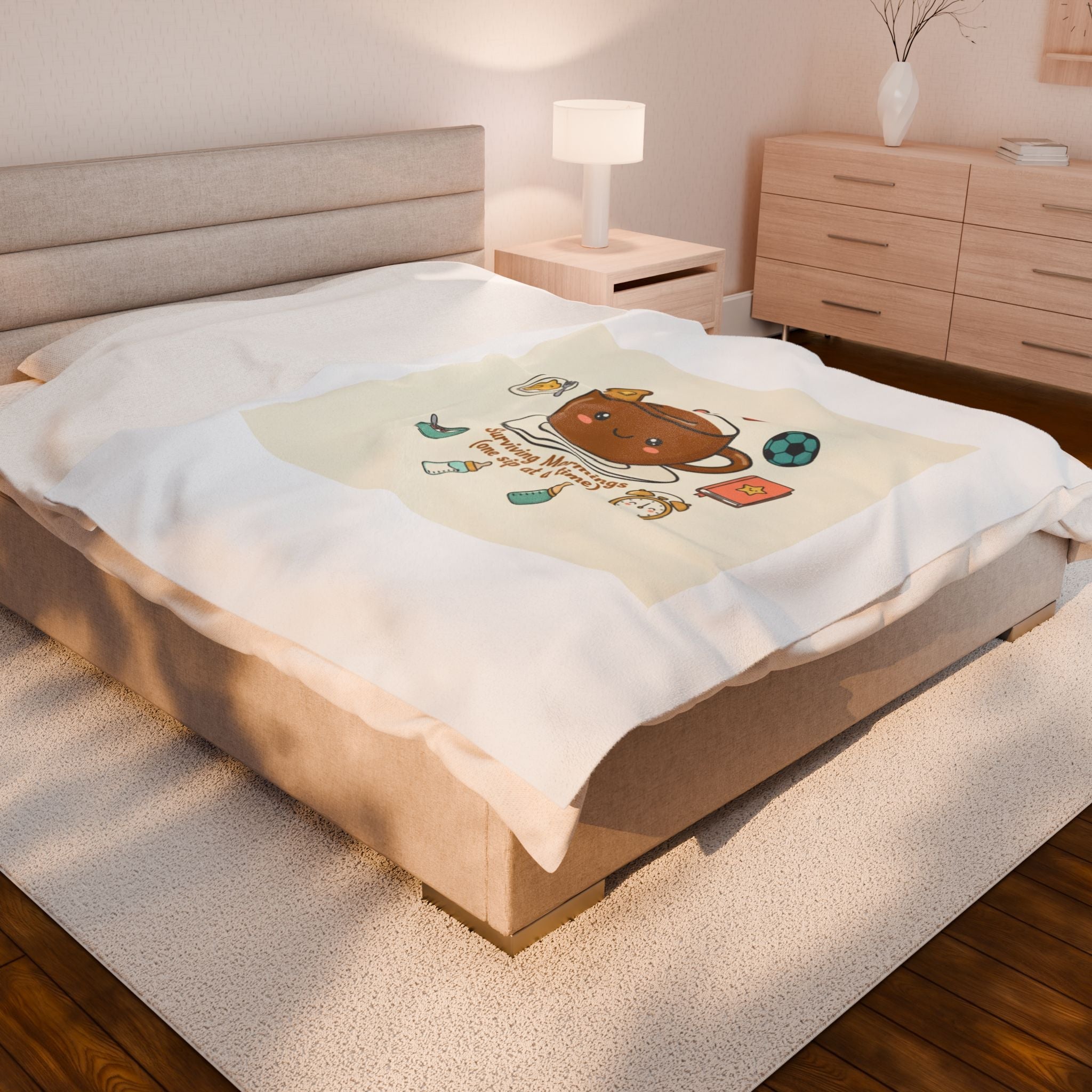 Surviving Mornings Coffee Mug Illustration Velveteen Plush Blanket | Parenting Morning Humor