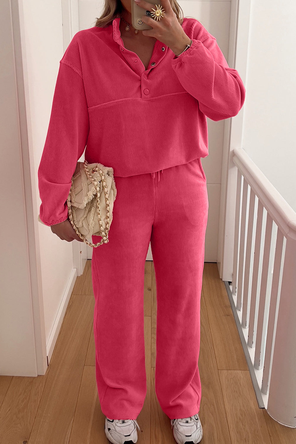 Peach Blossom Half Button Pullover Drawstring Pants Corduroy Set