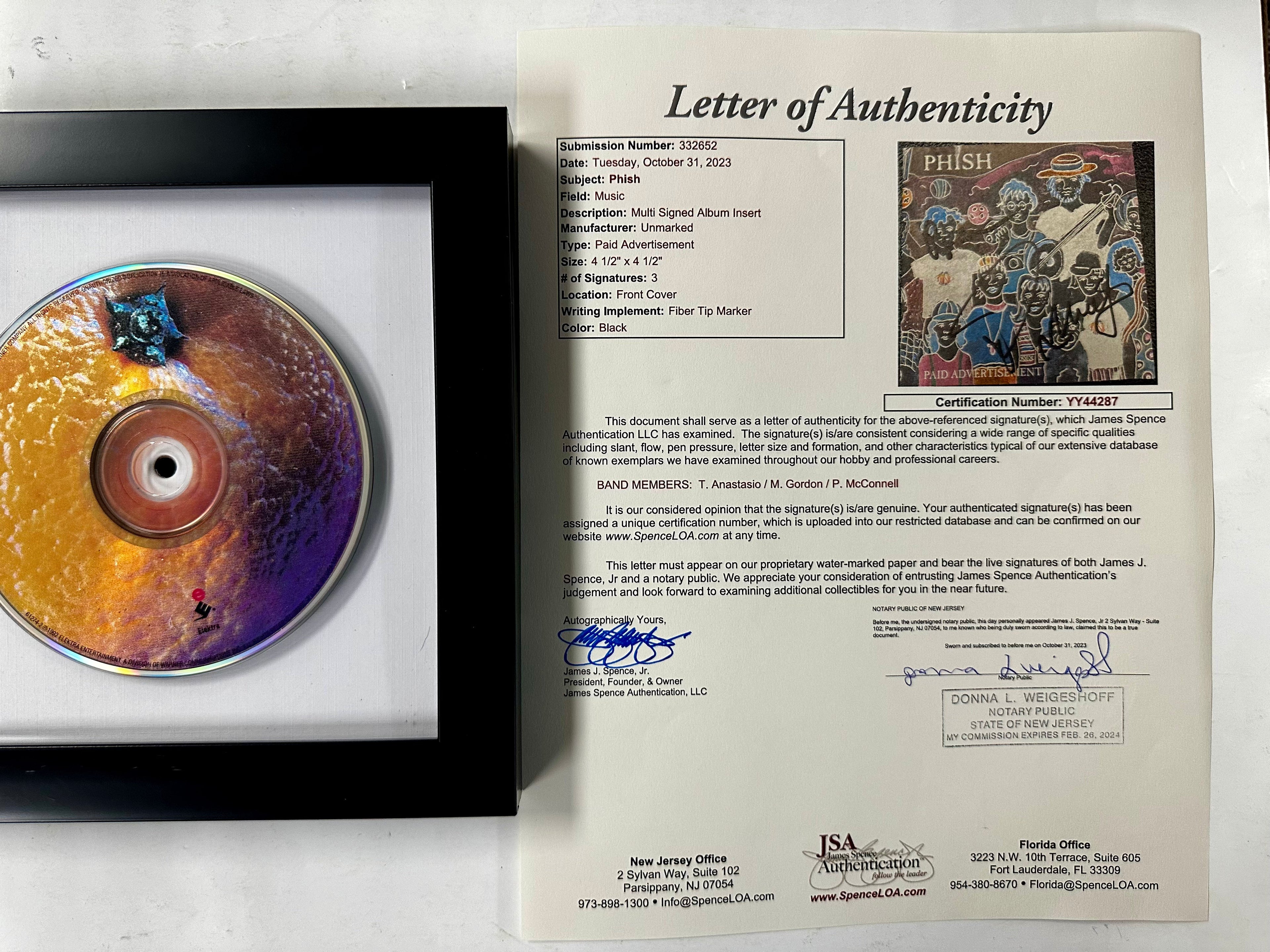 Phish (Trey Anastasio, Page & Mike) Signed Paid Advertisement Framed CD JSA COA
