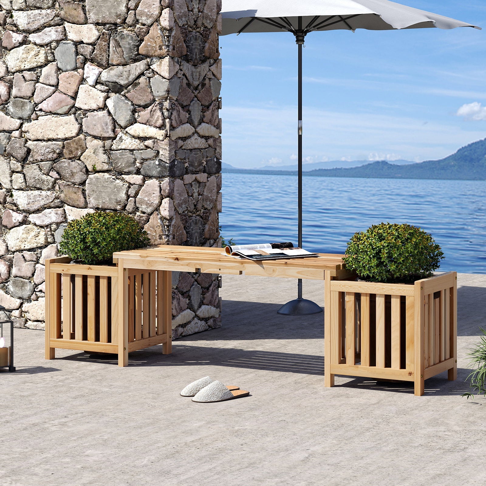 Patio Wooden Bench with Planter 2 Person Patio Bench-Natural