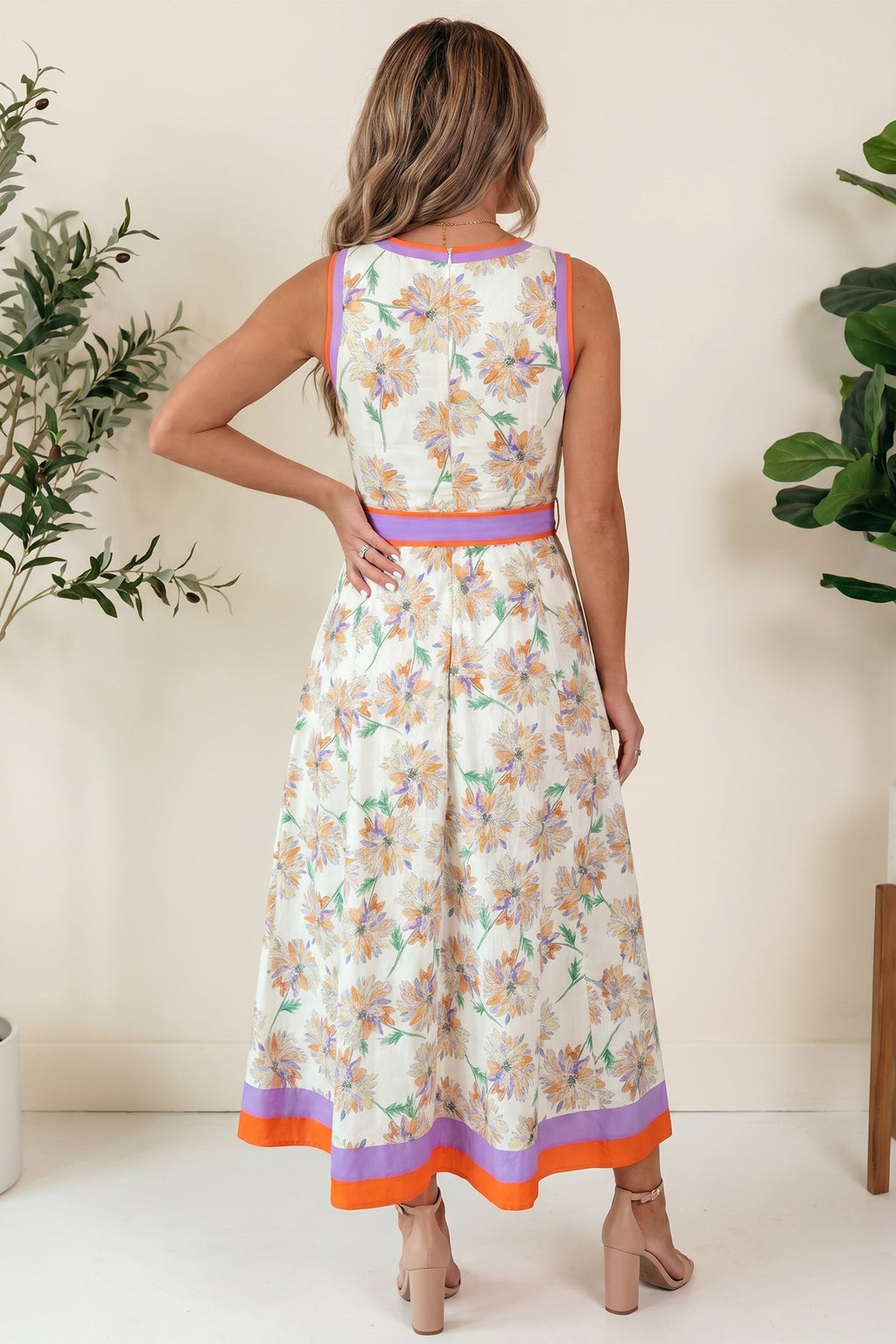 White Floral Print Color Block Trim Belted Sleeveless Maxi Dress