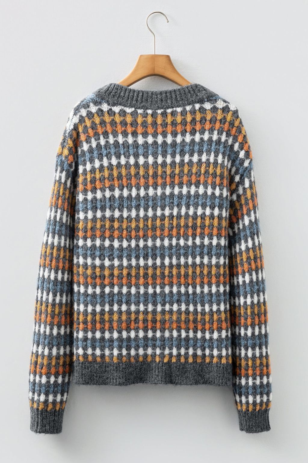 Gray Dotty Pattern Knit Button Front V Neck Sweater Cardigan