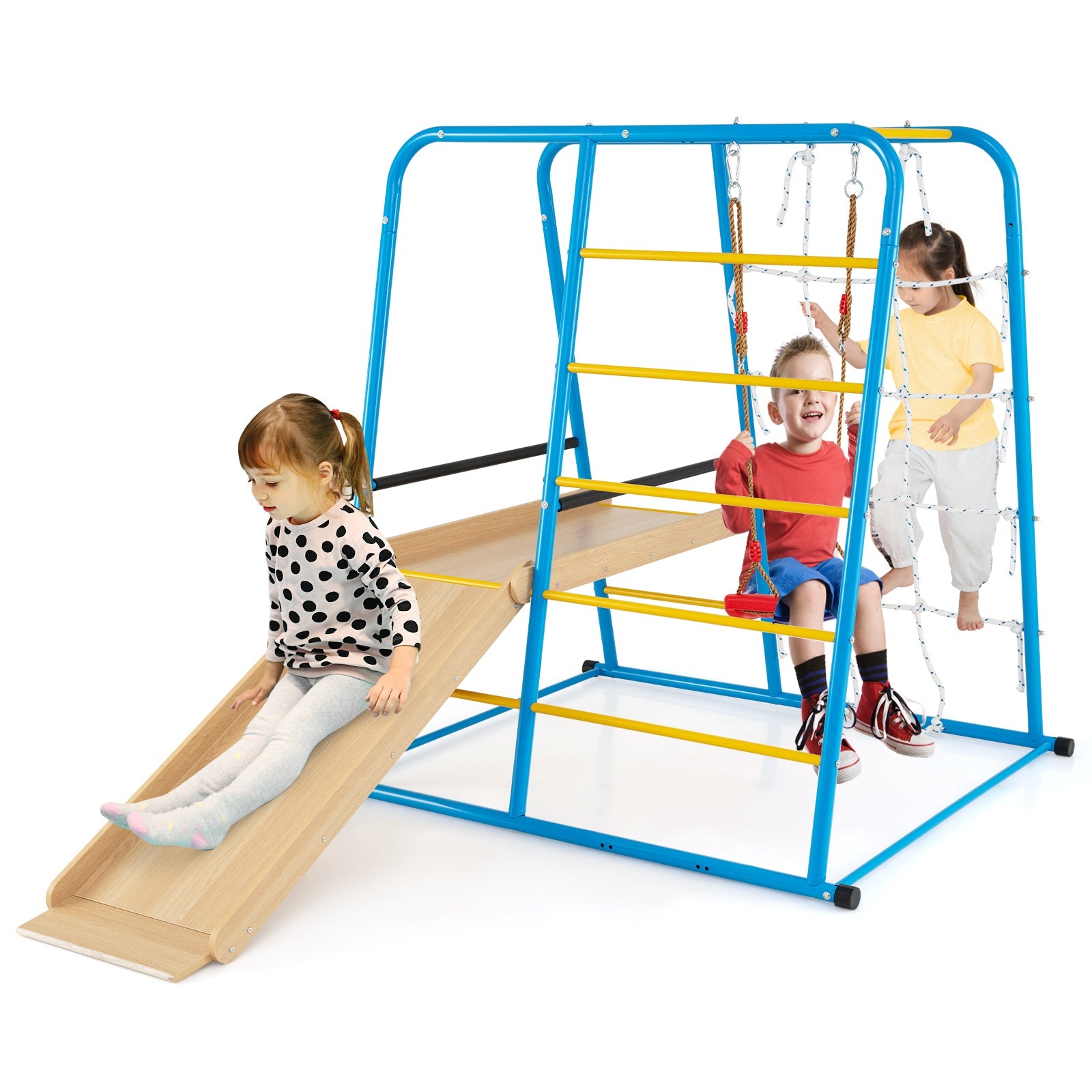 6-in-1 Indoor Jungle Gym with Slide for Boys and Girls 3+ Years Old-Blue