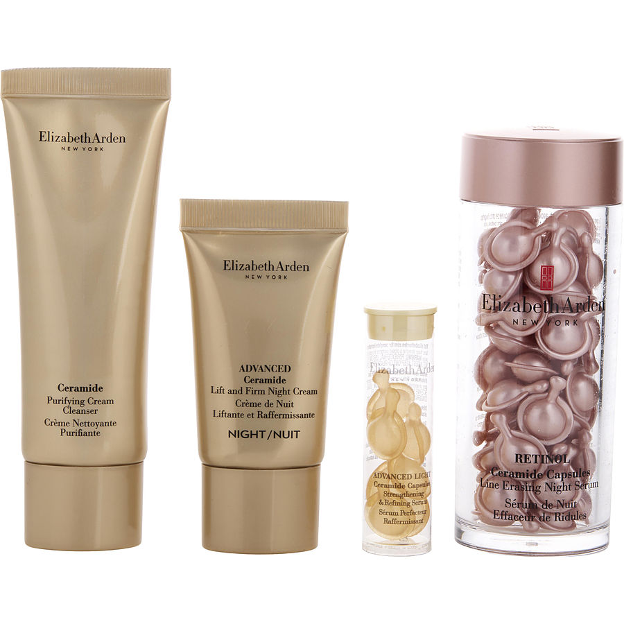 Retinol Smooth & Renew Set: Retinol Ceramide Capsules Line Erasing Night Serum 60pcs + Advanced Ceramide Lift And Firm Night Cream 0.5oz + Advanced Ceramide Light Capsules 7pcs + Ceramide Purifying Cream Cleanser 1.7oz --4pcs