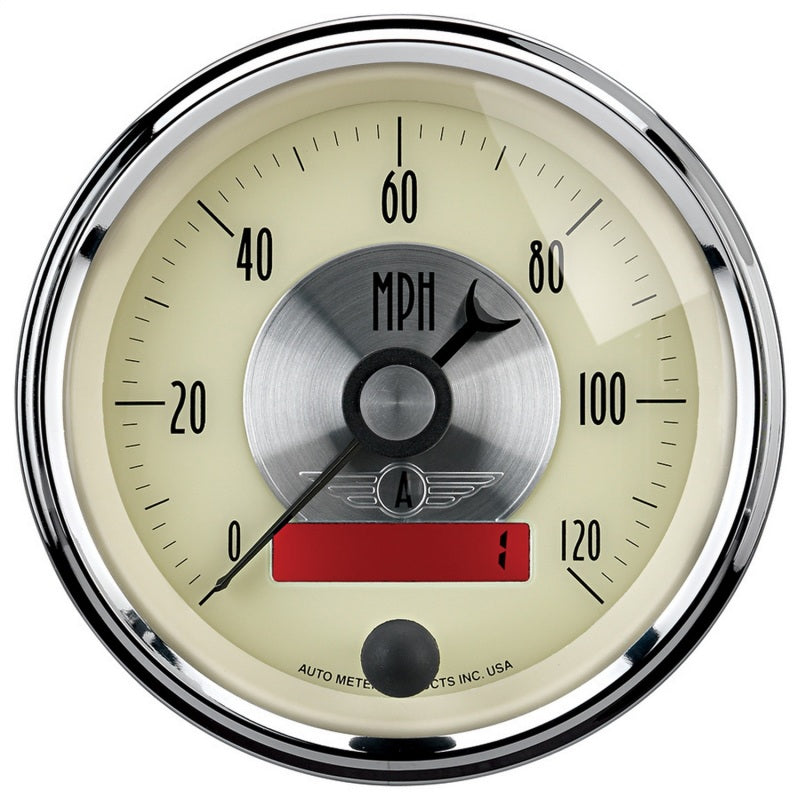 AutoMeter Gauge Speedo 3-3/8in. 120MPH Elec. Program W/Lcd Odo Prestige Antq. Ivory 2087