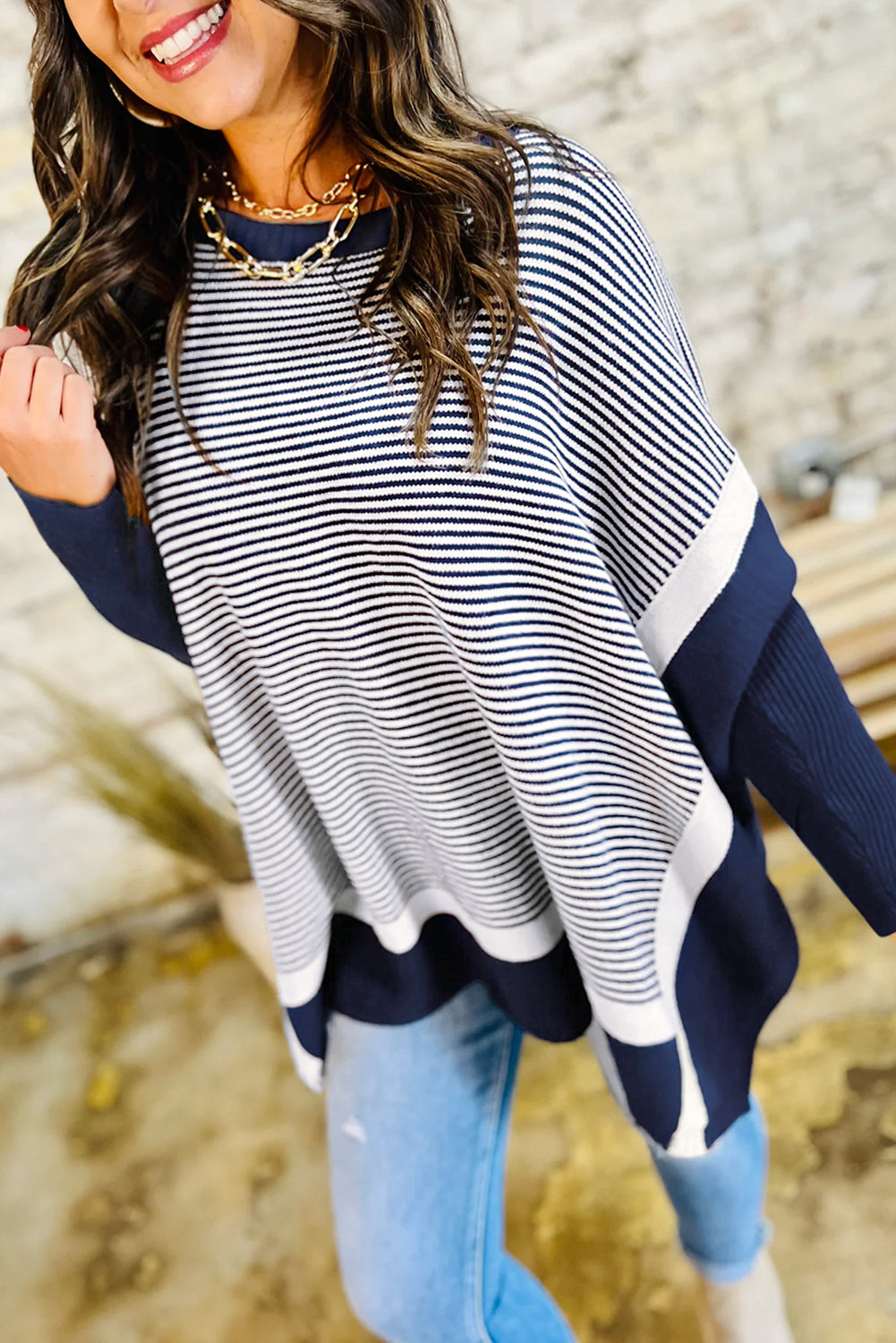 Blue Striped Colorblock Patchwork Dolman Oversize Tunic Sweater