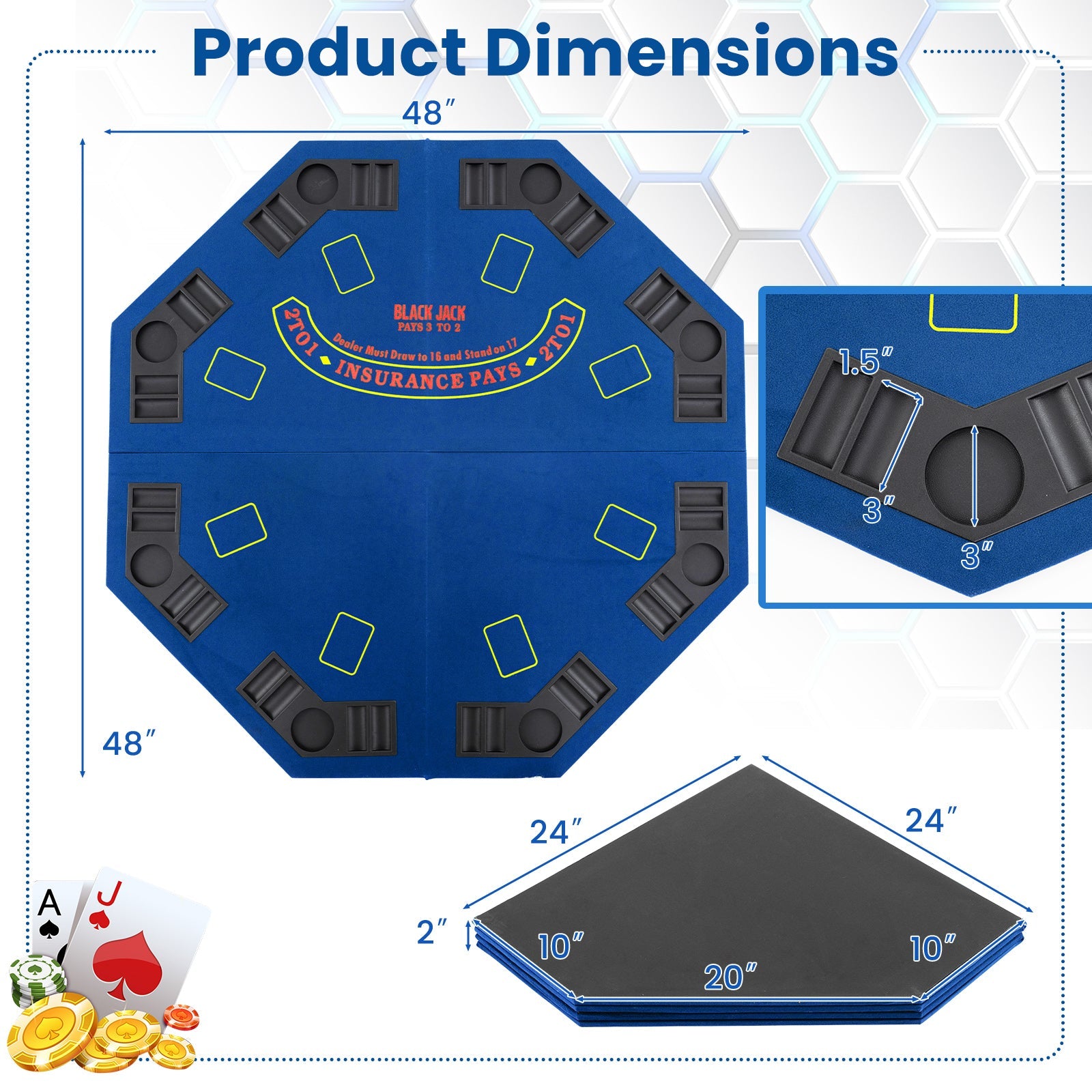 48 Inch 8-Player Foldable Poker Table Top with Carrying Bag and Cup Holders-Blue