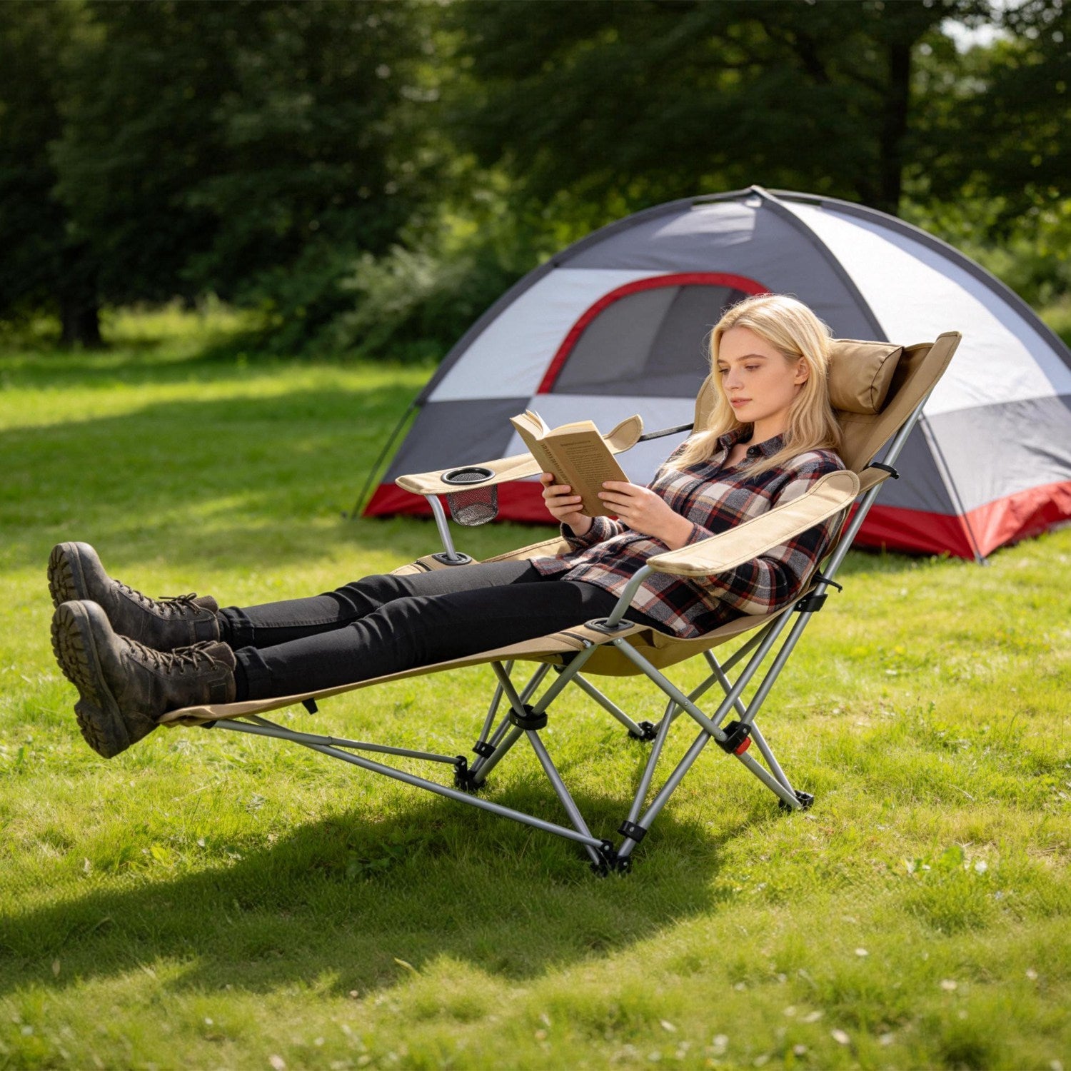 Reclining Camping Chair with Footrest 4-Position Adjustable Outdoor Folding Chair Heavy Duty Portable Camping Lounge Chair with Headrest Cup Holder &