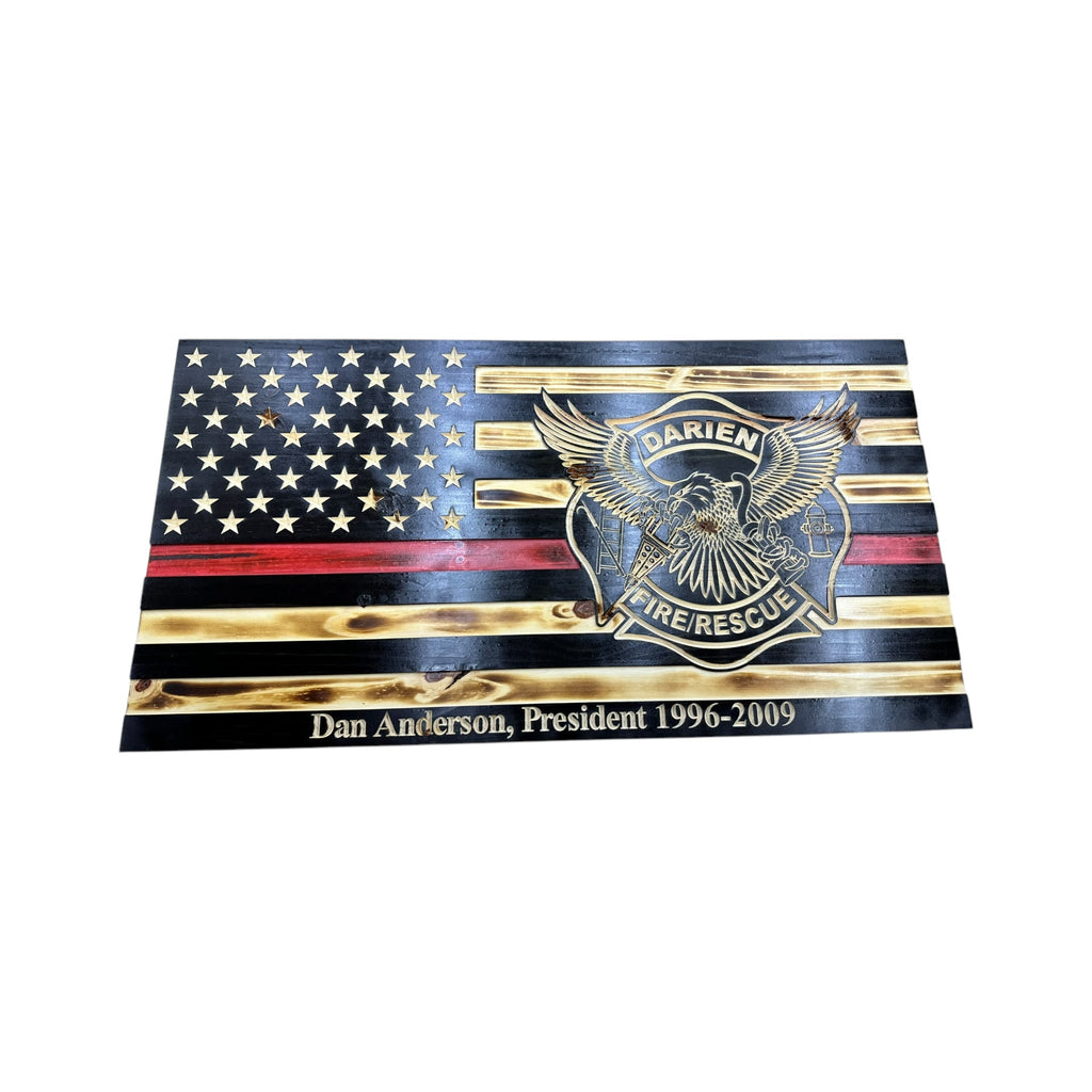 Custom Thin Red Line Wooden Flag with Firefighter Logo
