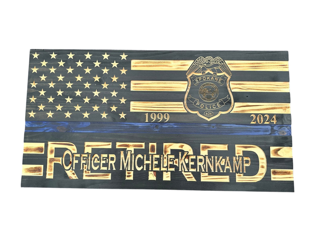 Custom Retirement Wooden American Flag with Engraved Badges