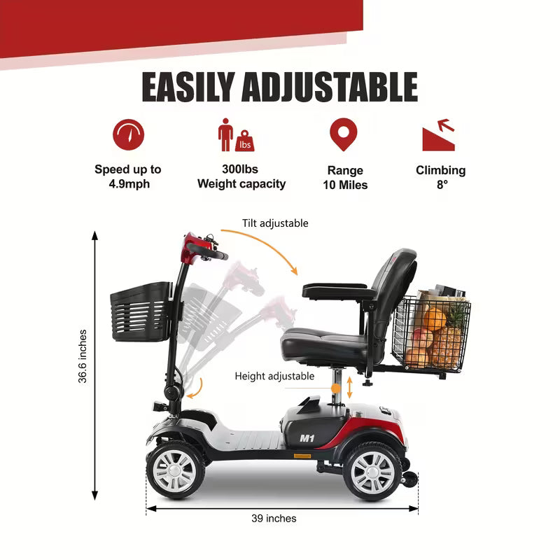 4 Wheel Electric Mobility Scooters For Adults | 300 Lbs Weight Capacity, 15KM Long Range, 360° Swivel Seat
