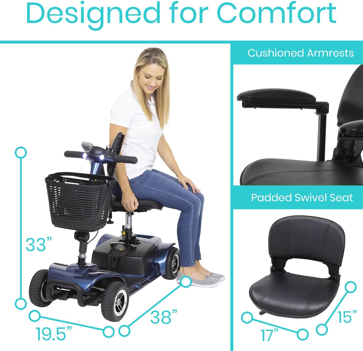 4 Wheel Mobility Scooter - Electric Powered Wheelchair Device - Compact Heavy Duty Mobile for Travel, Adults, Elderly