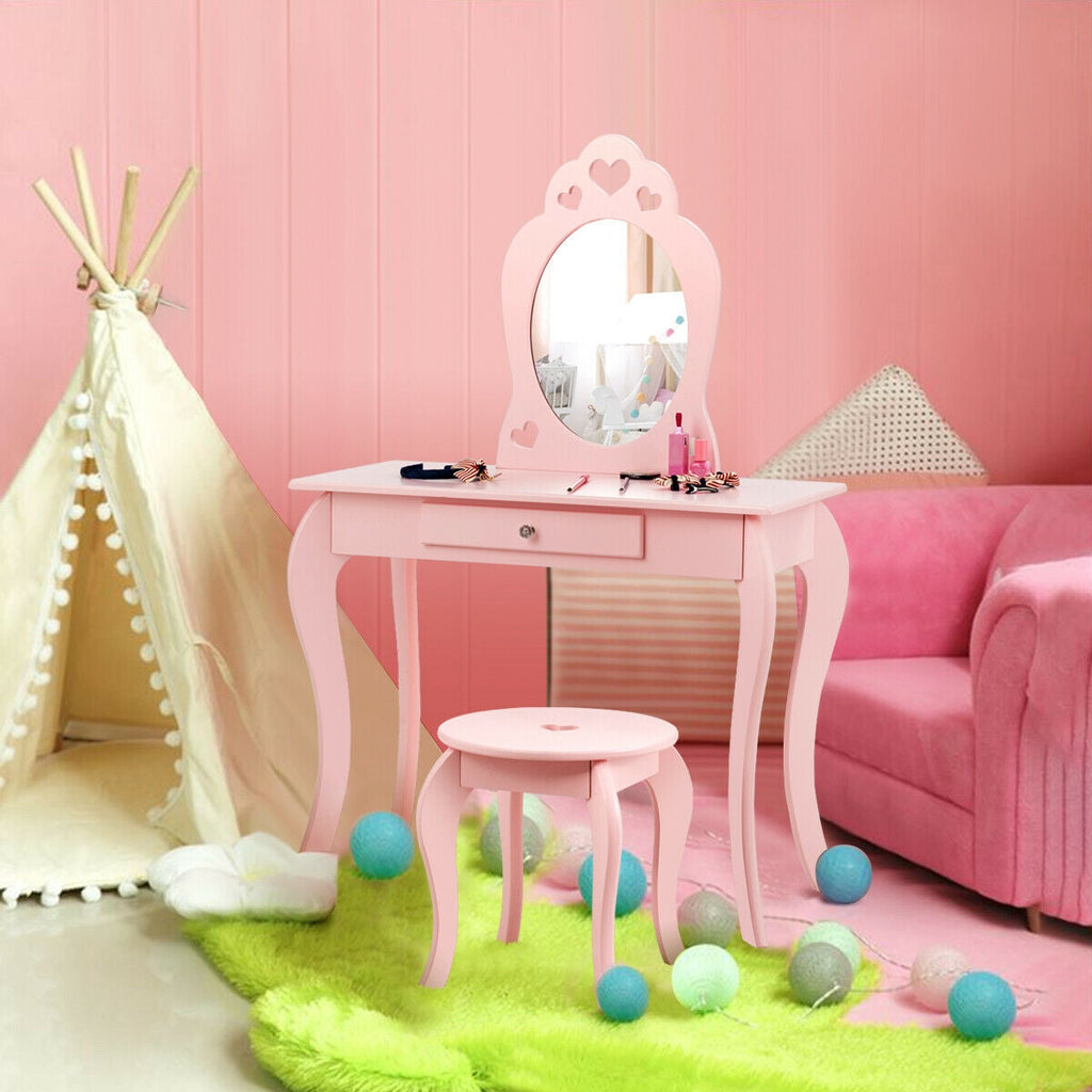 Kids Princess Makeup Dressing Play Table Set with Mirror