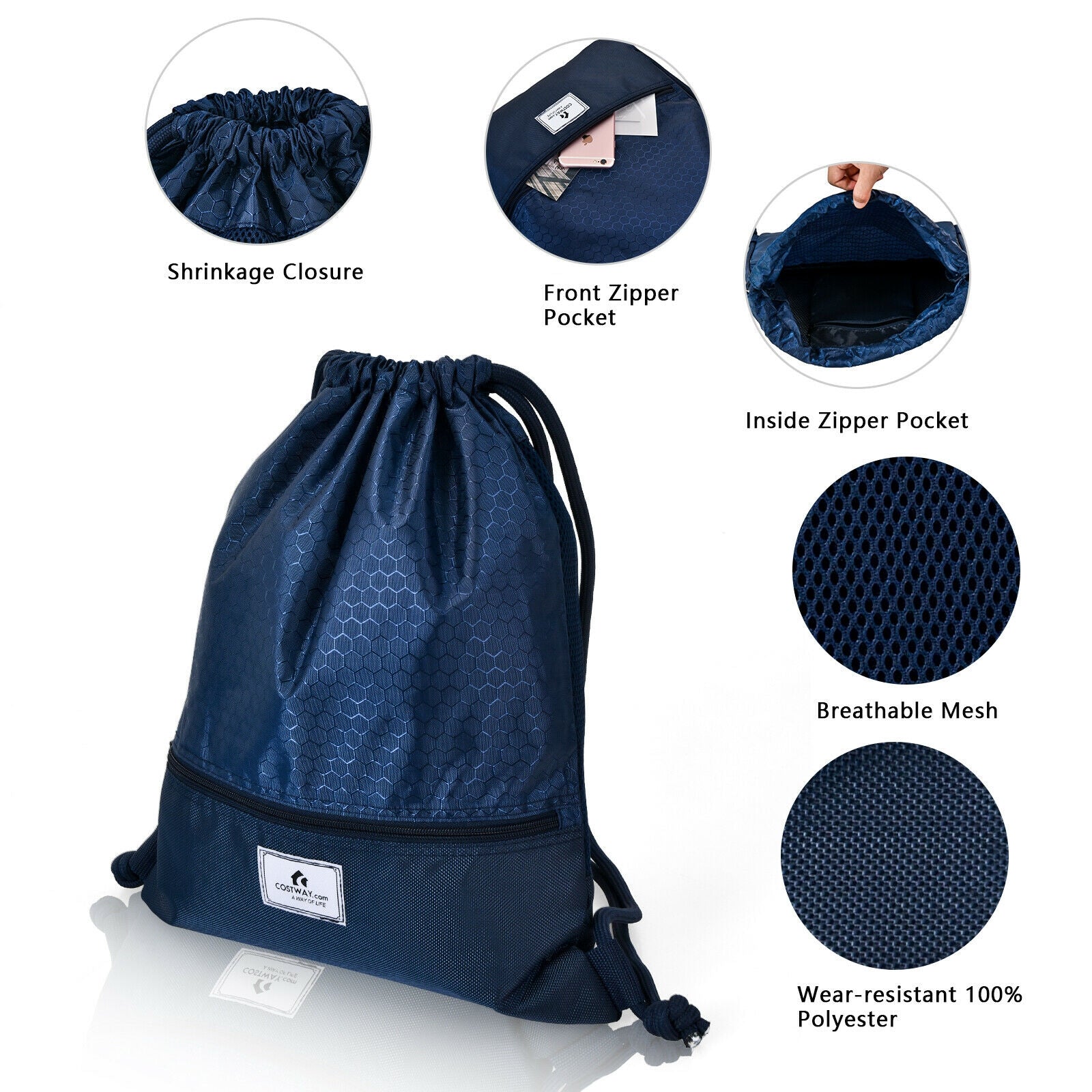 Drawstring Backpack String Bag Foldable Sports Sack with Zipper Pocket