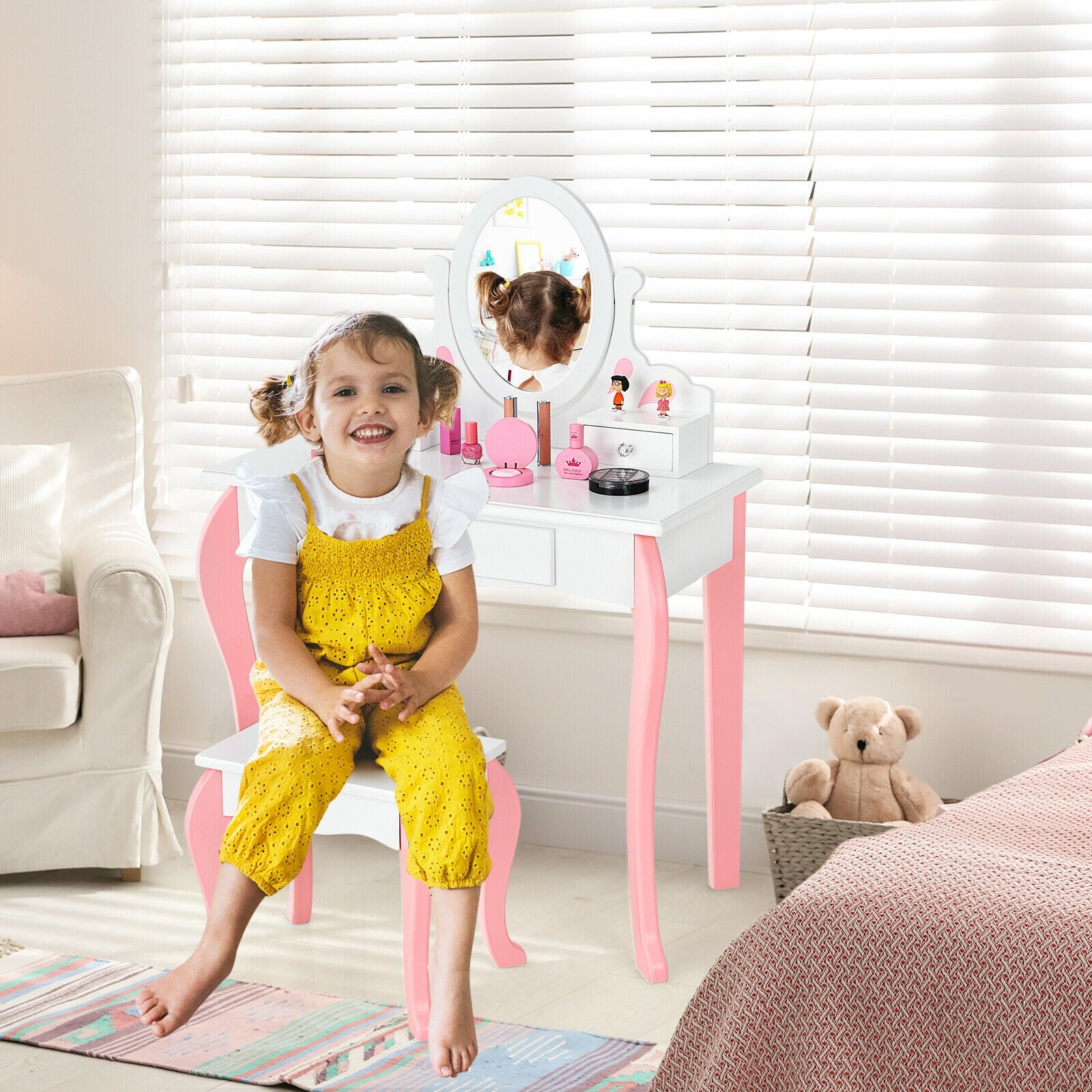 Kids Vanity Princess Makeup Dressing Table Stool Set with Mirror and Drawer-White
