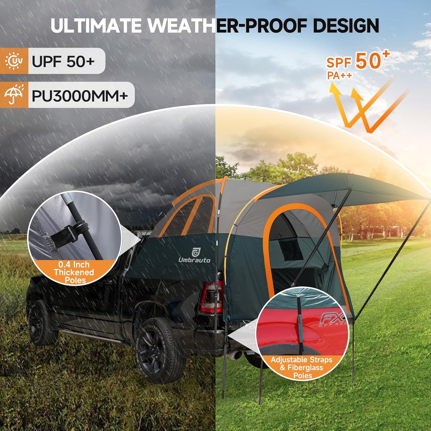 Umbrauto Truck Bed Tent with Awning,Fits 6.4-6.7 ft Truck Beds | PU3000mm Waterproof Pickup Tent