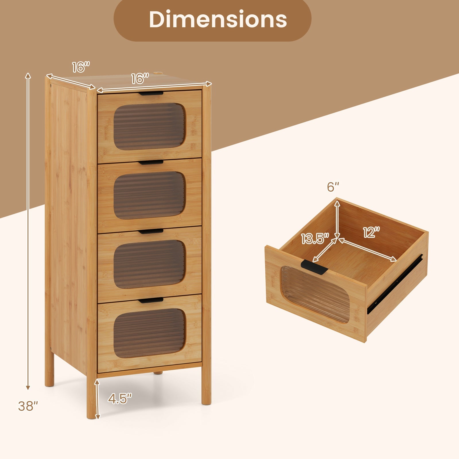4-Drawer Dresser Bamboo Storage Cabinet with Fluted Tempered Glass Drawers-Natural