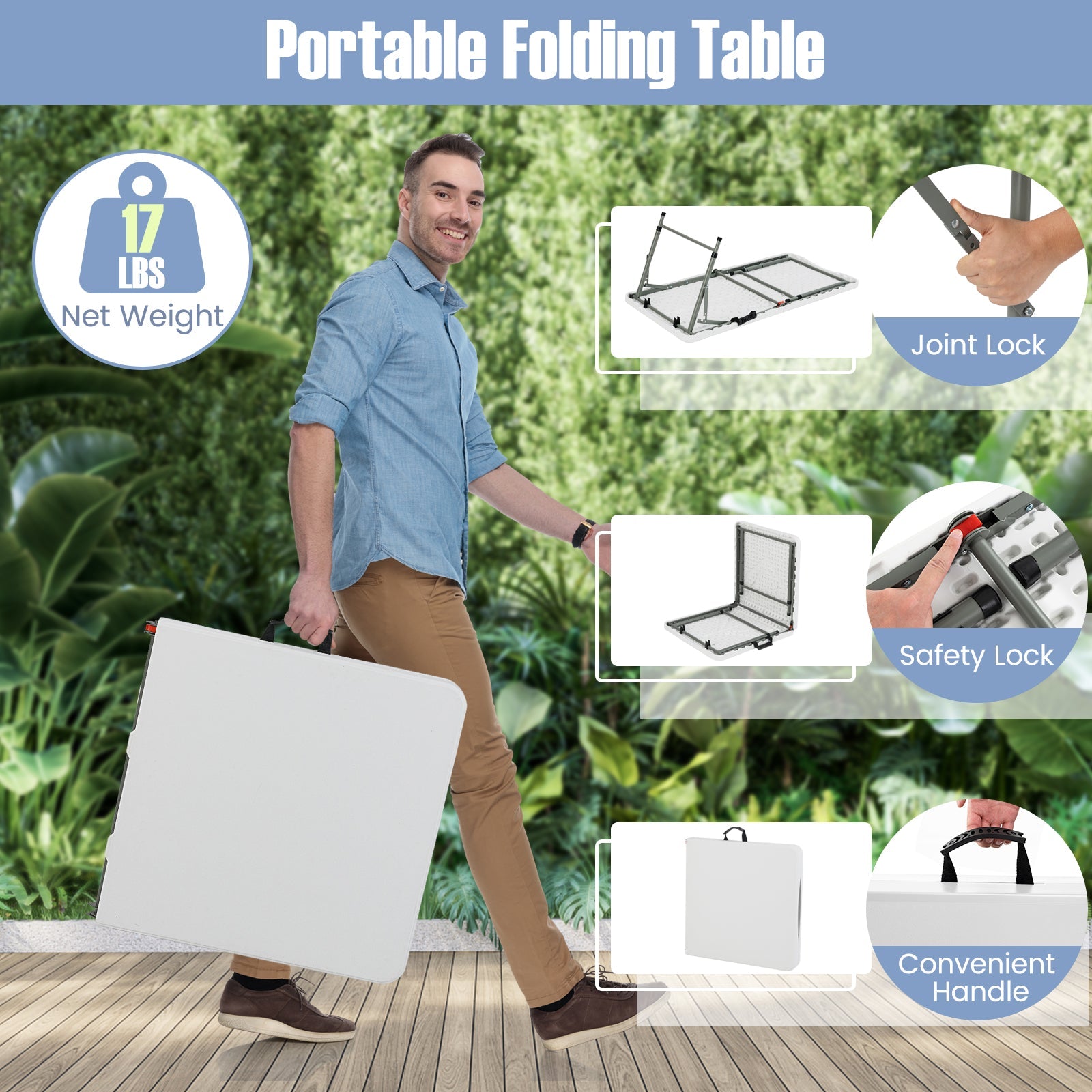 4 Feet Portable Camping Table with HDPE Tabletop and Metal Legs-White