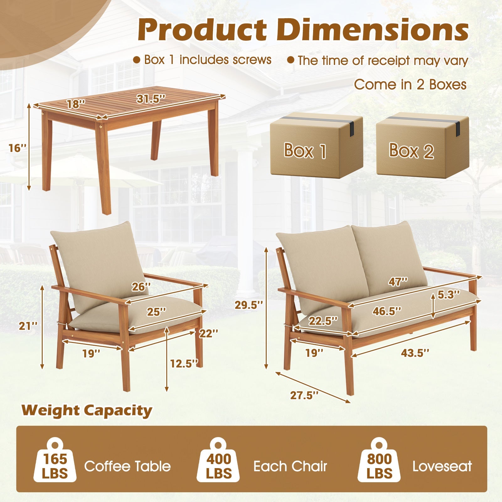 4 Pieces Outdoor Acacia Wood Conversation Set with Soft Cushions and Coffee Table-White