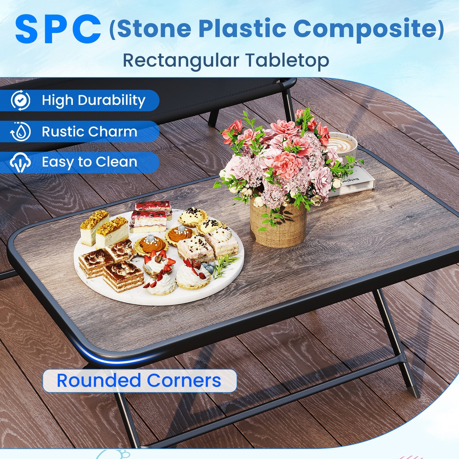 4 Pieces Patio Folding Furniture Set with SPC Coffee Table and Patio Chairs-Black