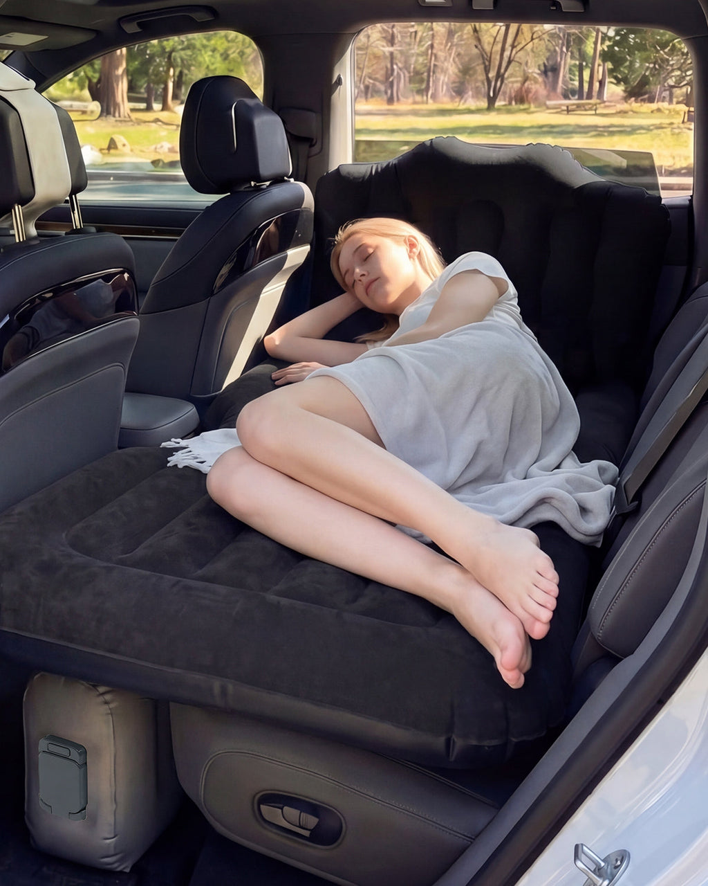 Umbrauto Back Seat Car Air Mattress with Built-in Rechargeable Pump: Cordless Inflatable Car Bed for Rear Seat Camping, 1-Click Fast Setup Thickened Flocking Sleeping Pad for Sedan, Truck & SUV