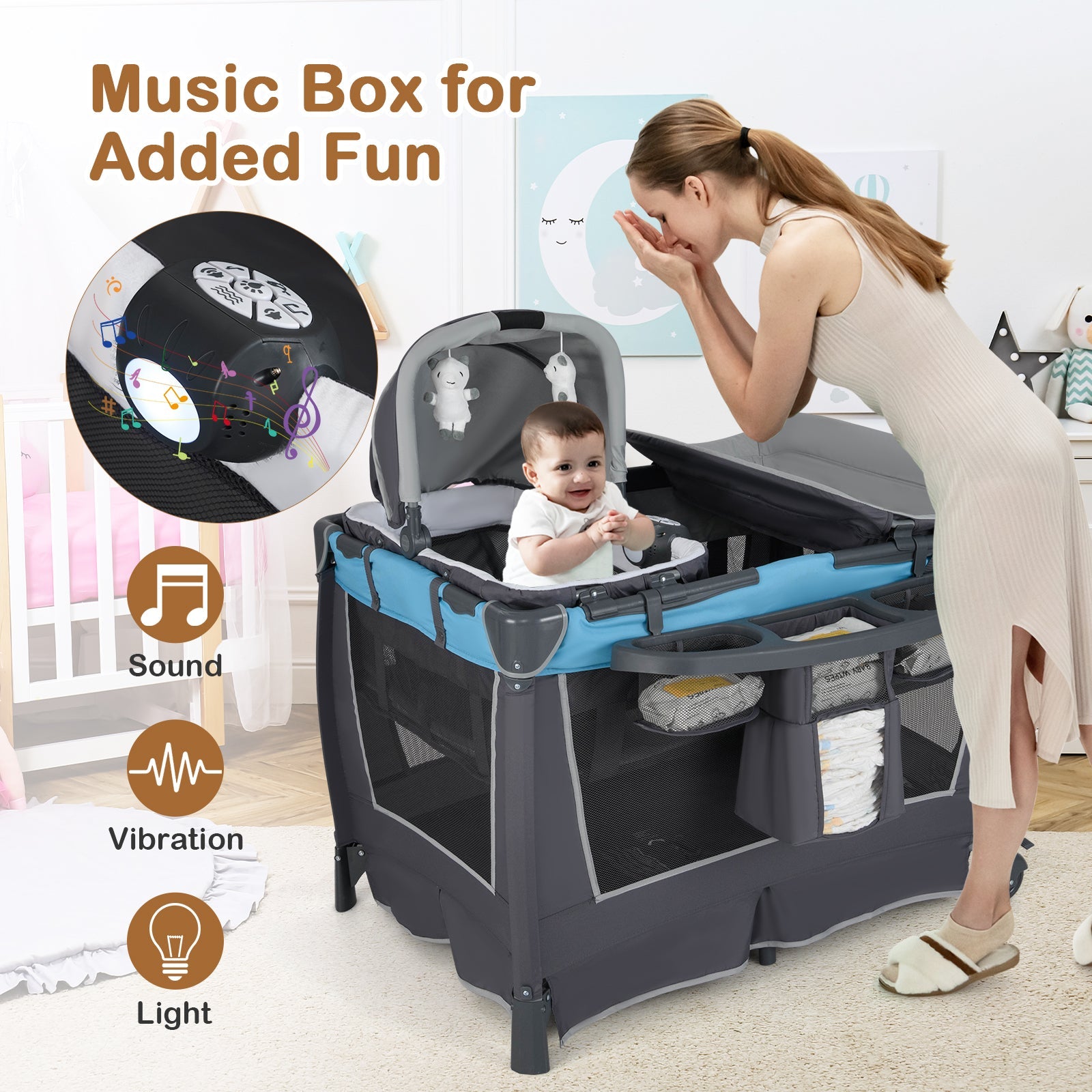 4-in-1 Convertible Portable Baby Play yard with Toys and Music Player-Blue