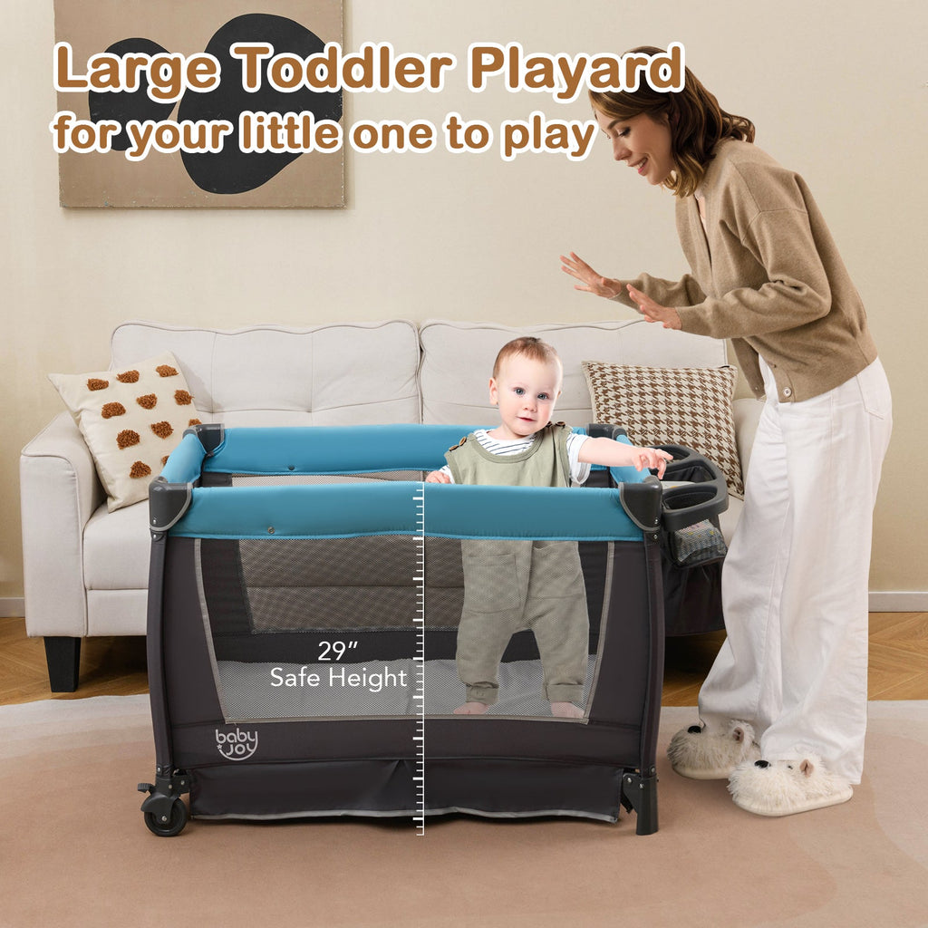 4-in-1 Convertible Portable Baby Play yard with Toys and Music Player-Blue