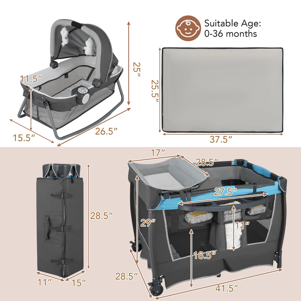 4-in-1 Convertible Portable Baby Play yard with Toys and Music Player-Blue