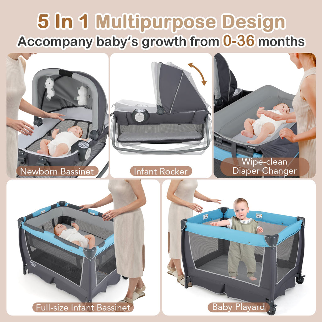 4-in-1 Convertible Portable Baby Play yard with Toys and Music Player-Blue