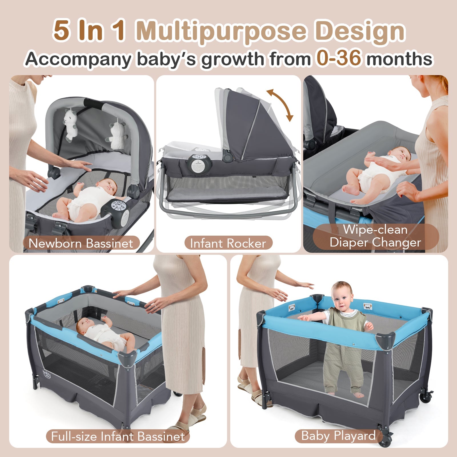 4-in-1 Convertible Portable Baby Play yard with Toys and Music Player-Blue